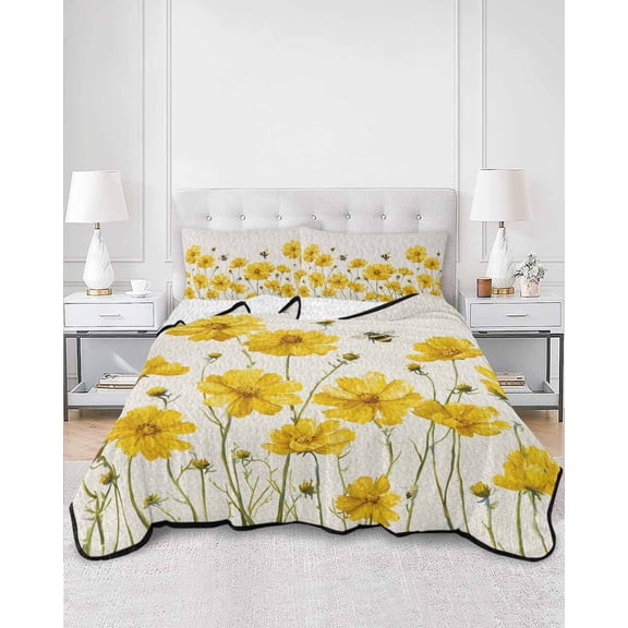 Quilts Full Size, Yellow Floral Bee Soft Comforter Bedding Set for Bed, Summer Watercolor Botanical Flower Lightweight Quilted Bedspread with Pillow Cover(2 Pieces) for All Season, 78x90 Inch
