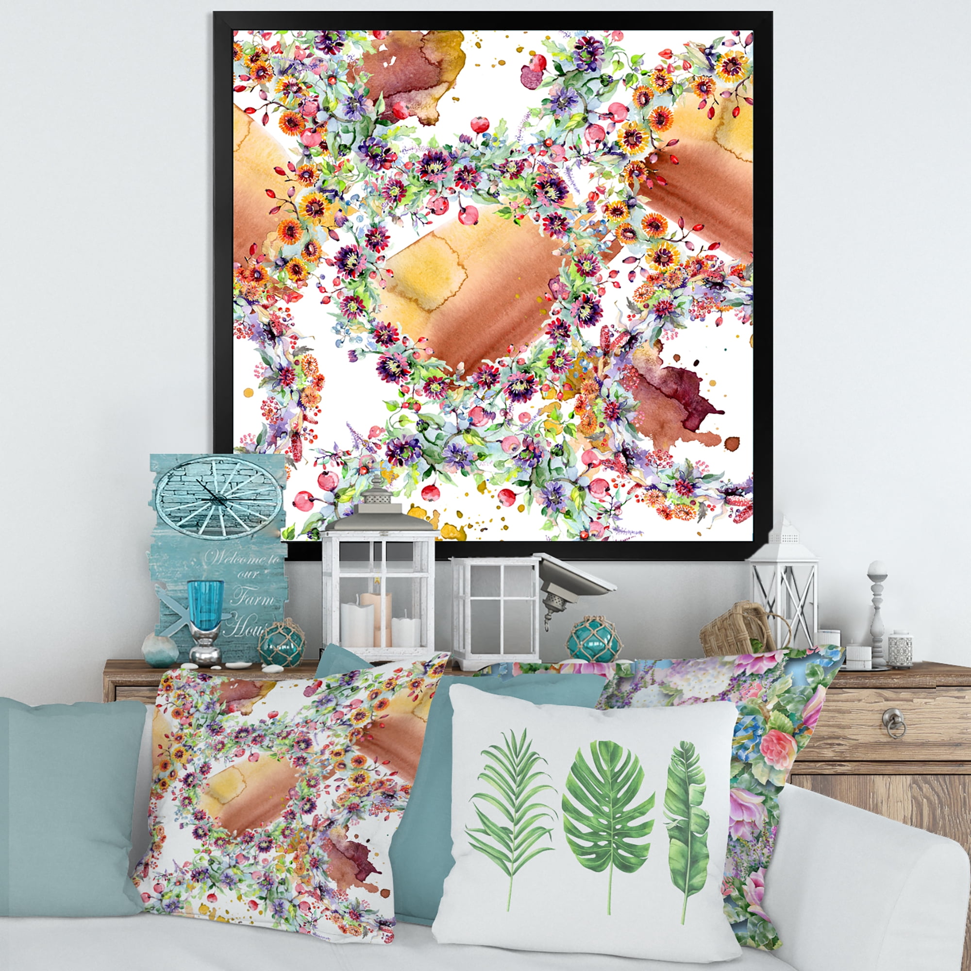 Vibrant Wild Spring Leaves, Berries and Wildflowers 16 in x 16 in Framed Painting Canvas Art Print, by Designart