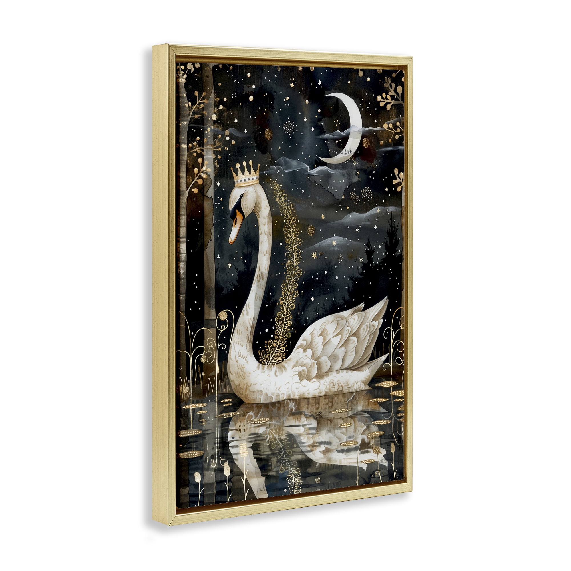 Stupell Industries Regal Swan Moonlight Animals & Insects Painting Gold Floater Framed Art Print Wall Art, 21 x 31