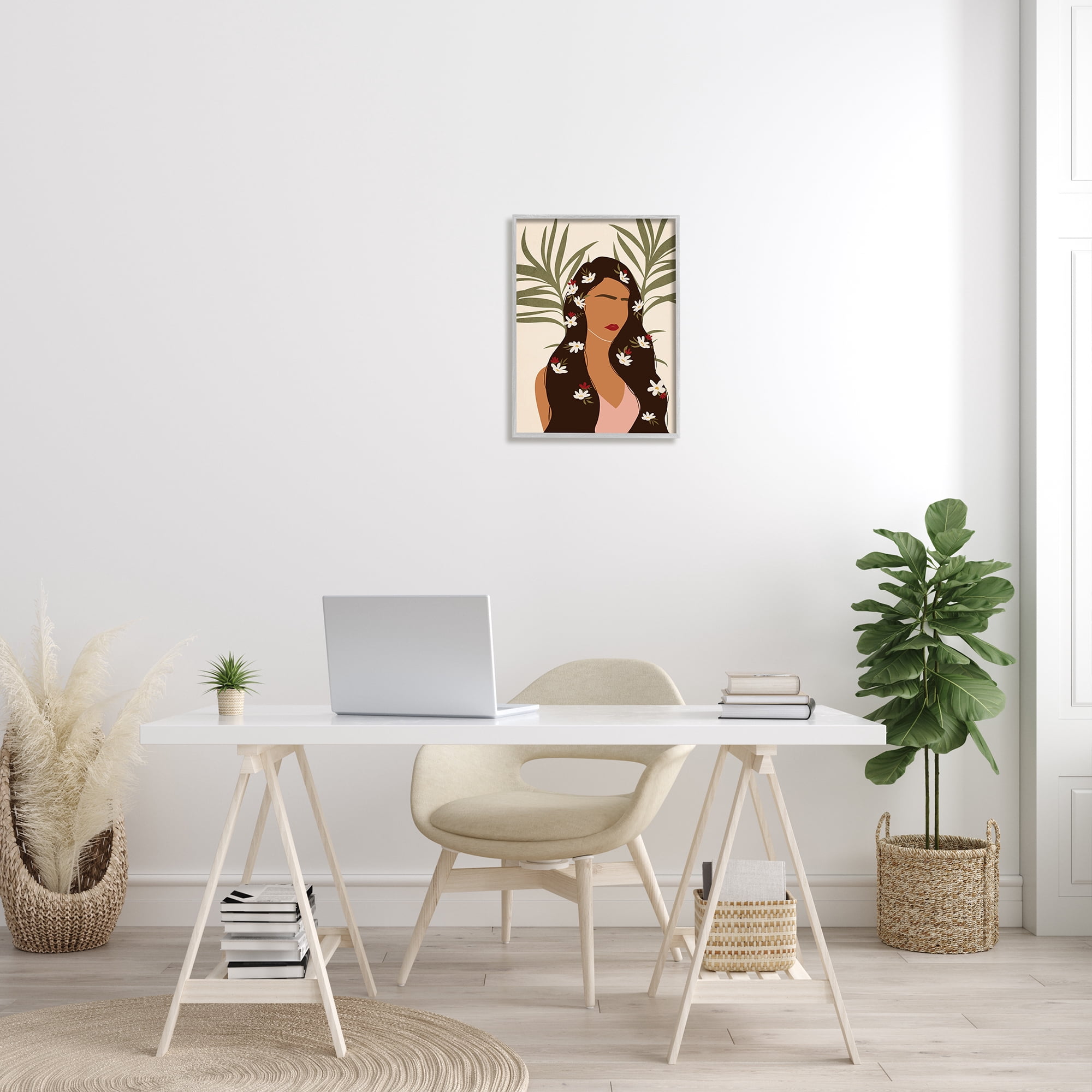 Stupell Industries Female With Tropical Florals in Hair Palm Leaves Modern Painting Gray Framed Art Print Wall Art, 16 x 20, Design by JJ Design House LLC