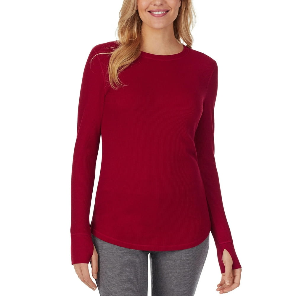 Cuddl Duds Women's Stretch Thermal Long Sleeve Crew Top, Deep Red ...