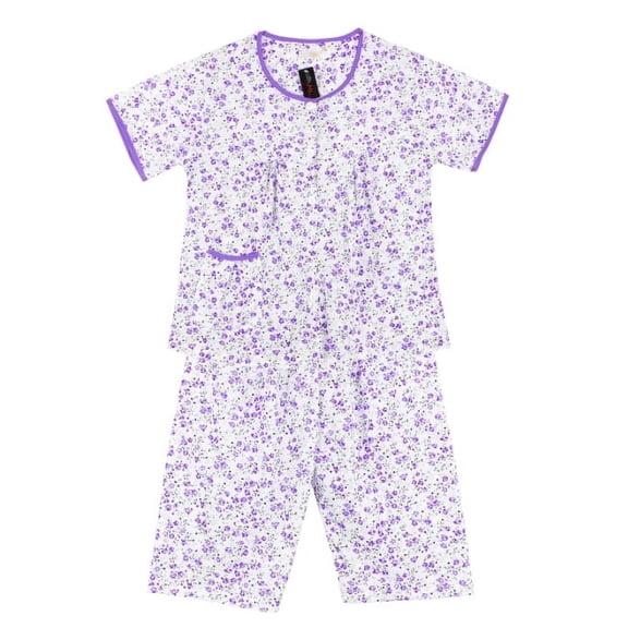 Women's Floral Cotton Blend 2 Piece Sleepwear Button Up Capri Pajama Set 211 (Purple, M)