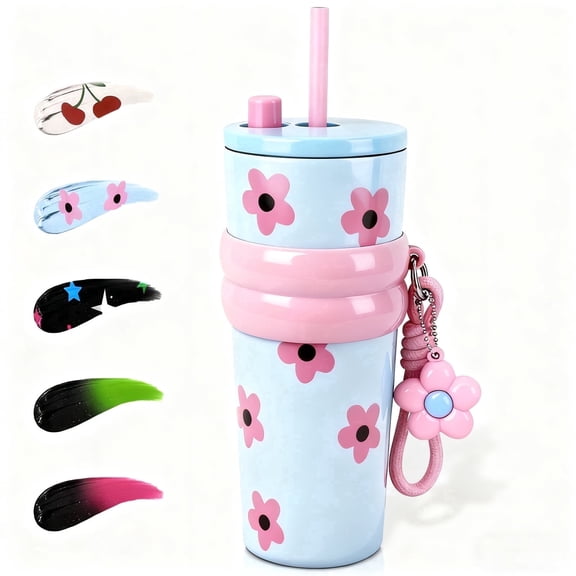 Farcauo 24 OZ Blue Stainless Steel Water Bottle Flower Insulated Vacuum Tumbler With Lid and Straw Leak Proof Travel Mug Spill Proof Cup for Hot and Cold Drink Christmas Gifts For Women Mother