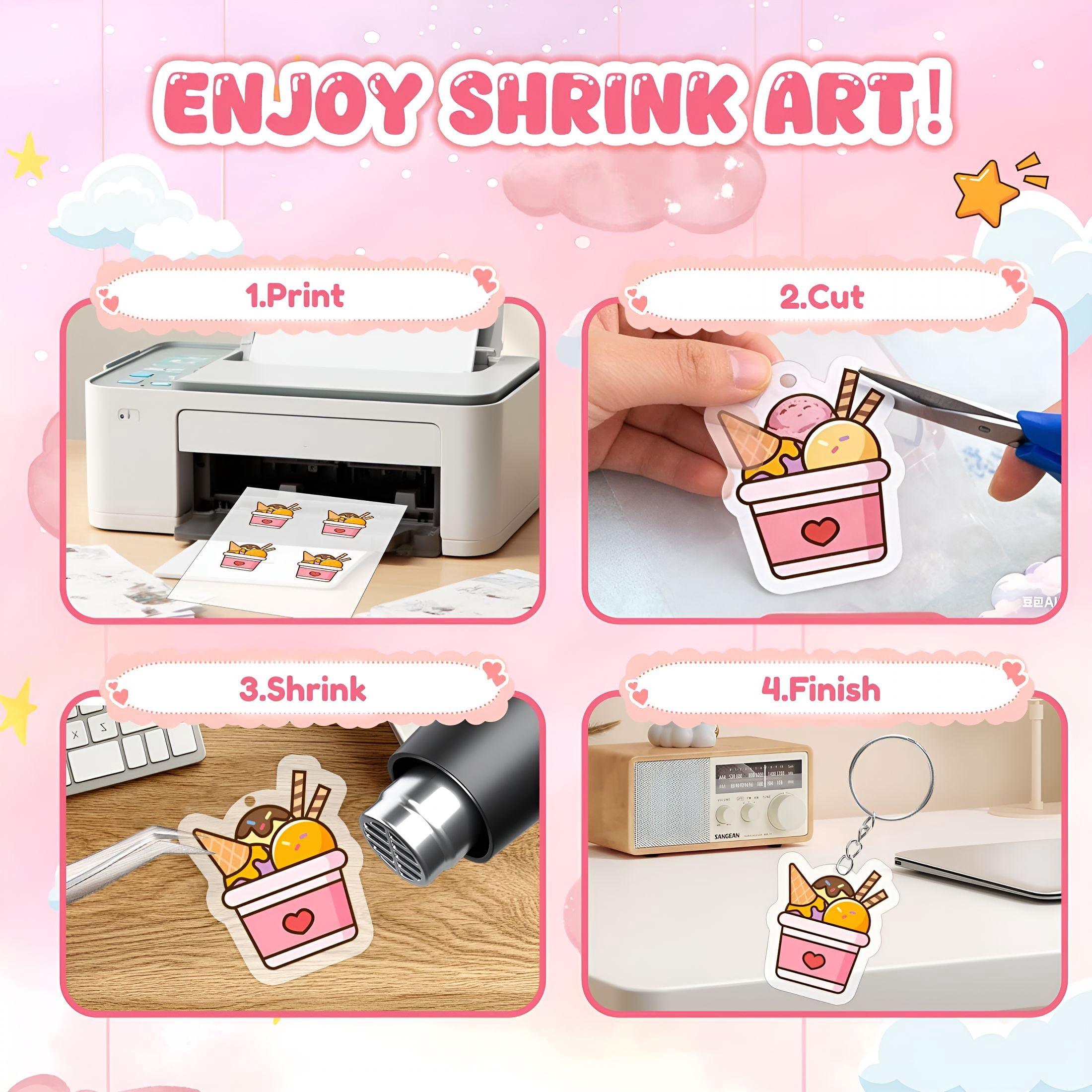 BESTSKY 225Pcs Shrinky Dink Kit for Kids,Shrinky Dink Sheets & Shrink Plastic Sheets Kit with 25 Paper (7.87 X 11.4In),Keychain Making Kit with 100 Keychains & Rings,Diy Crafts for Kids