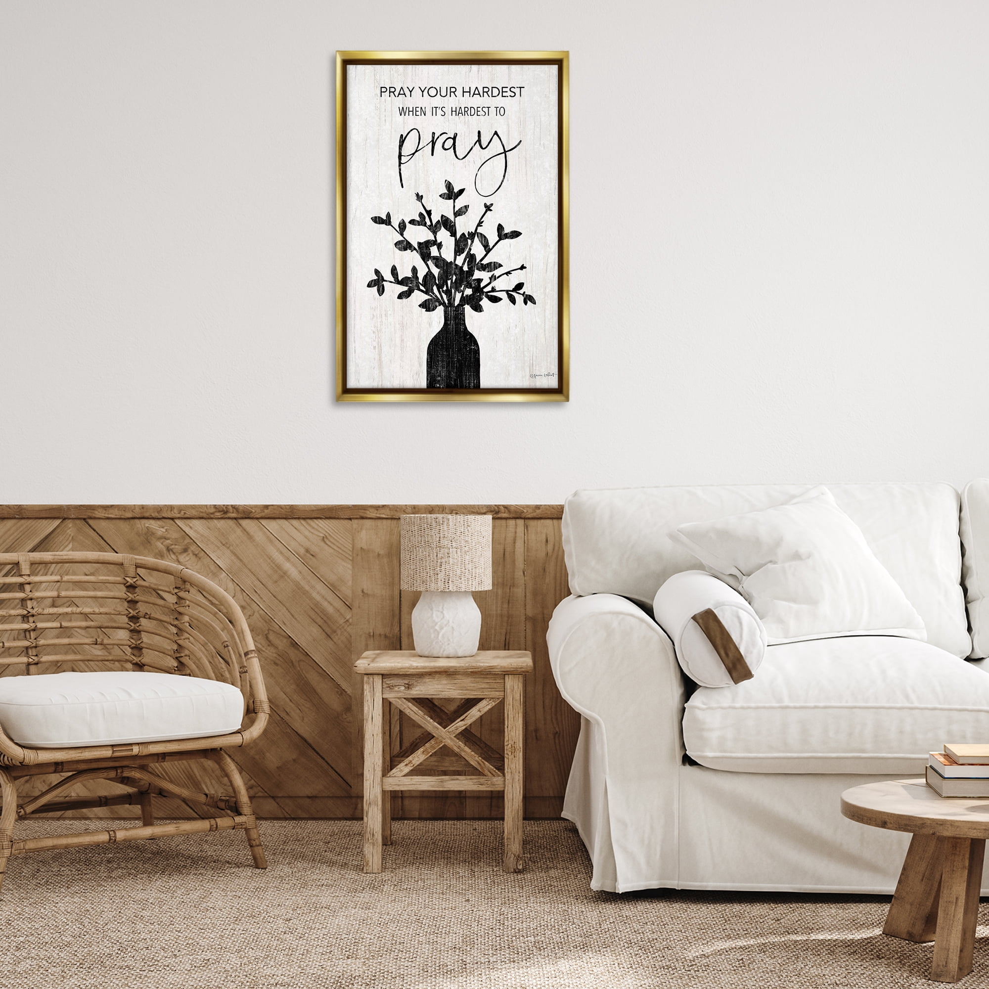 Stupell Industries Pray Your Hardest Religious Painting Gold Floater Framed Canvas Art Print Wall Art, 21 x 31