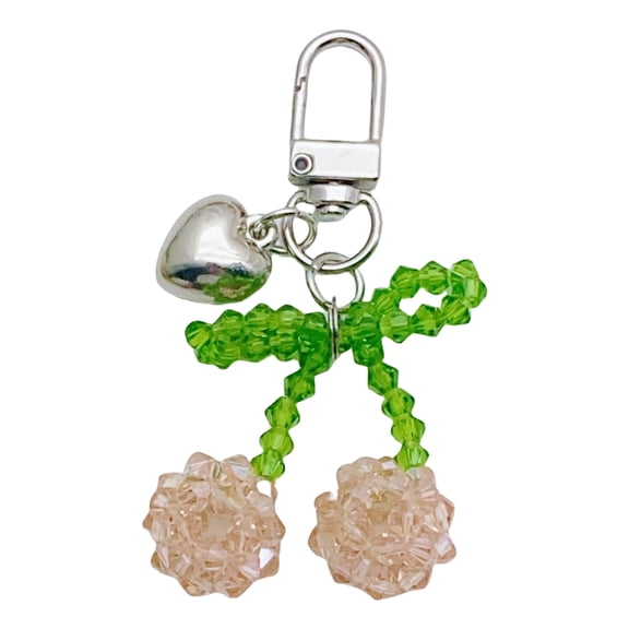 Cherries Beaded Keychain Heart 7.5cm Bag Charm Lovely Handmade Crystal Bead Accessory for Women and Teens