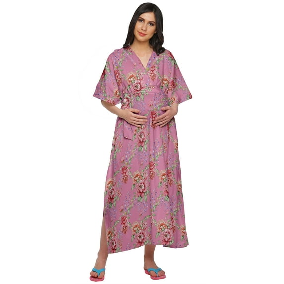 Moomaya Womens Printed Kimono Sleeve Button Down Cotton Maternity Long Kaftan