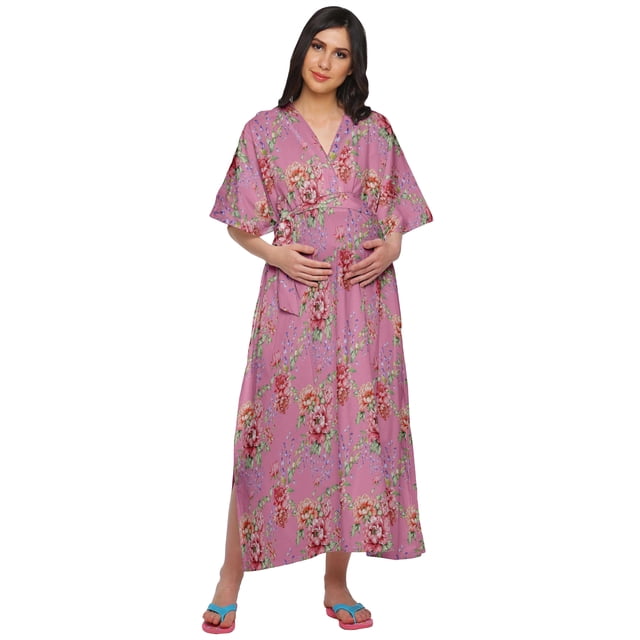 Moomaya Robe Maxi Kaftan de Maternité Longue pour Femmes à Manches Kimono Boutonnée