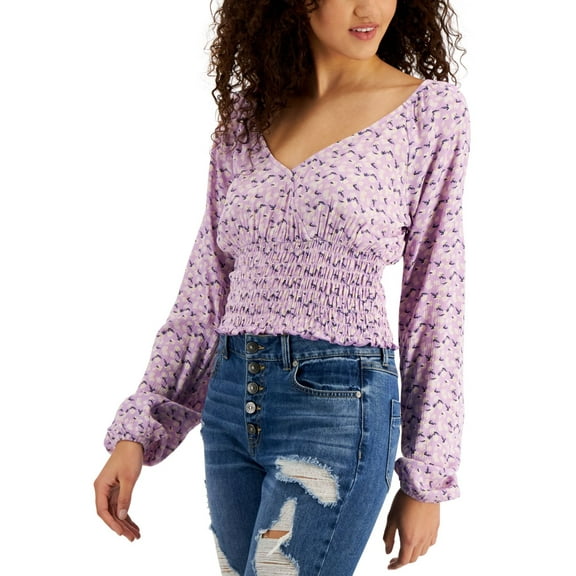 Self Esteem Juniors Floral-Print Surplice Smocked-Hem Top