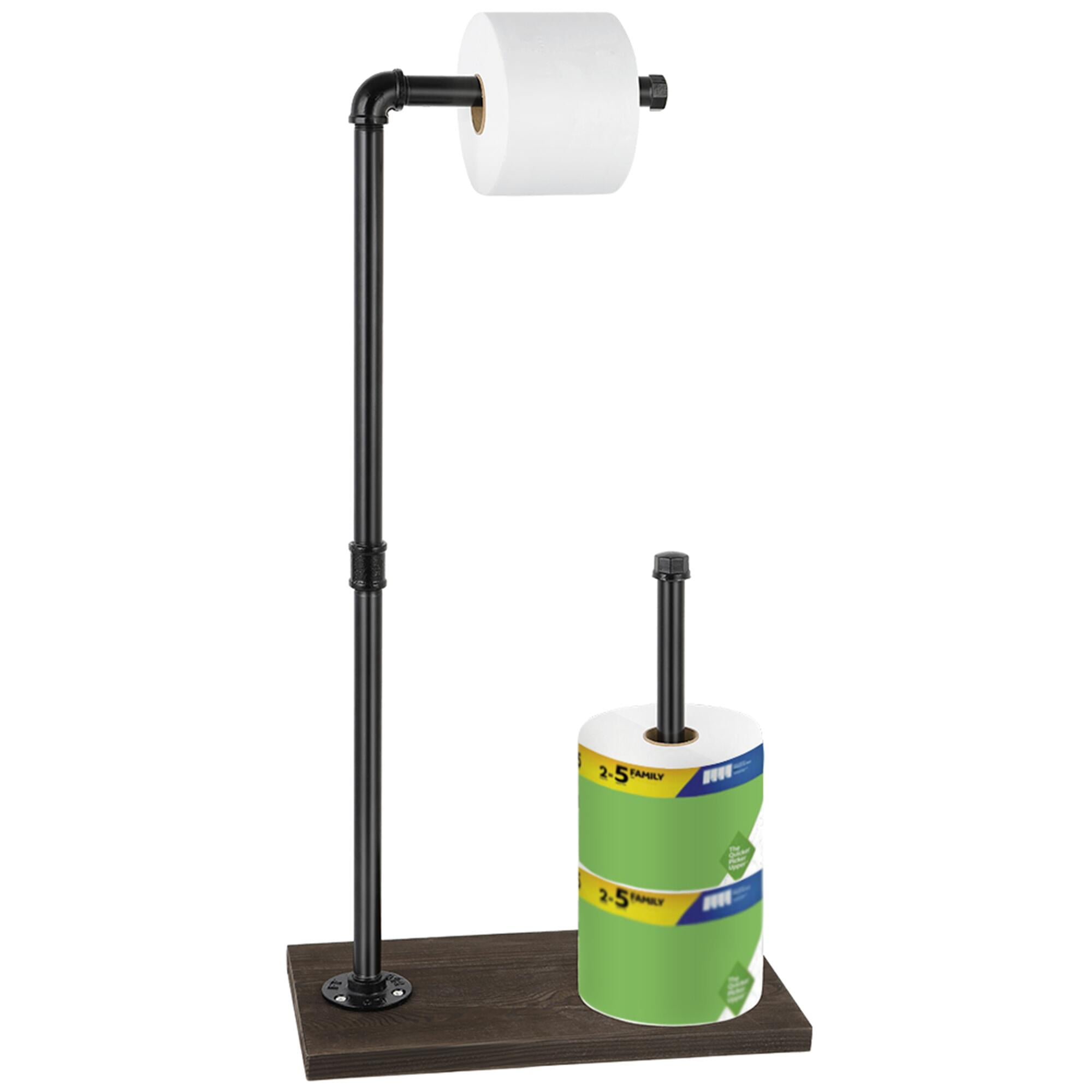 Oumilen Free Standing Toiler Paper Stand with Rustic Wooden Base, Matte Iron Black