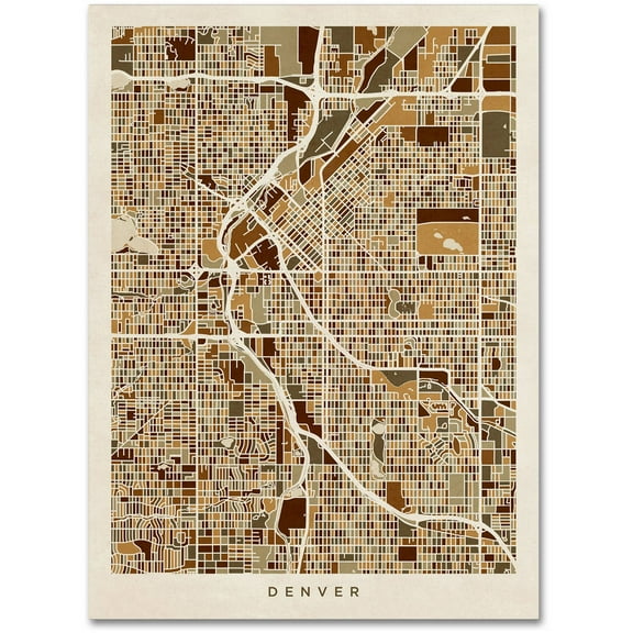 Trademark Fine Art "Denver CO Street Map Brown" Canvas Art by Michael Tompsett