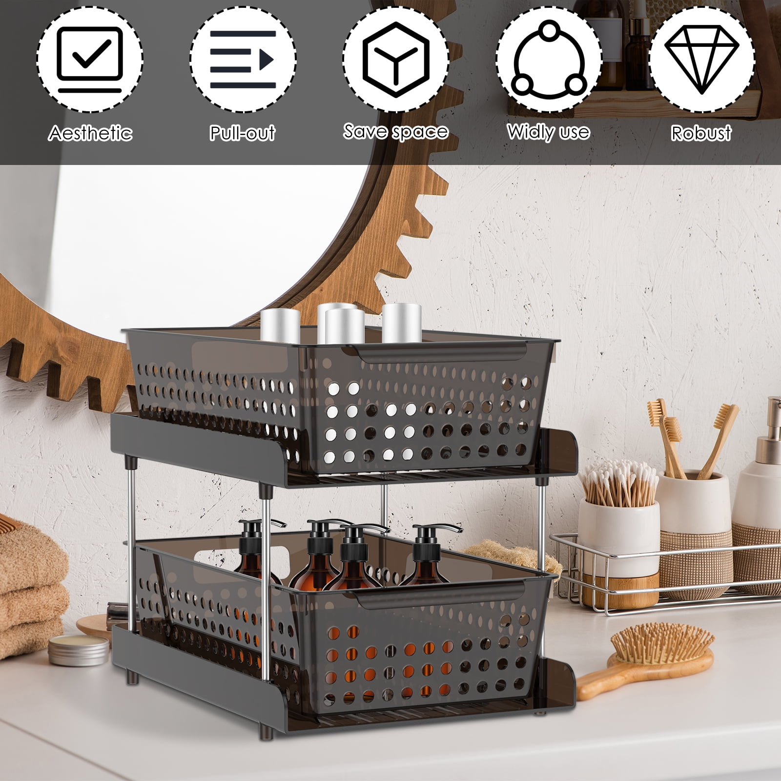 Dznils 2-Tier Under Sink Organizer and Storage, Pull Out Stackable Bathroom Cabinet Organizers Black