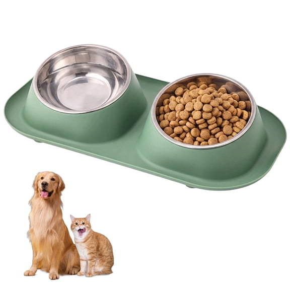 Double Pet Bowls with Non-Slip Base – Detachable Stainless Steel & Silicone Food & Water Bowls for Dogs & Cats, Anti-Spill Design, Easy to Clean（Green）