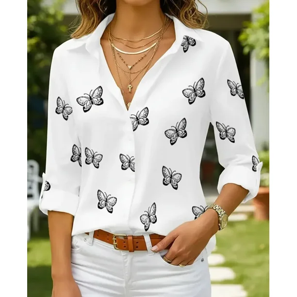 Blusa Moda Casual Holgada Elegante Manga Larga Para Mujer,Blanco,3XL