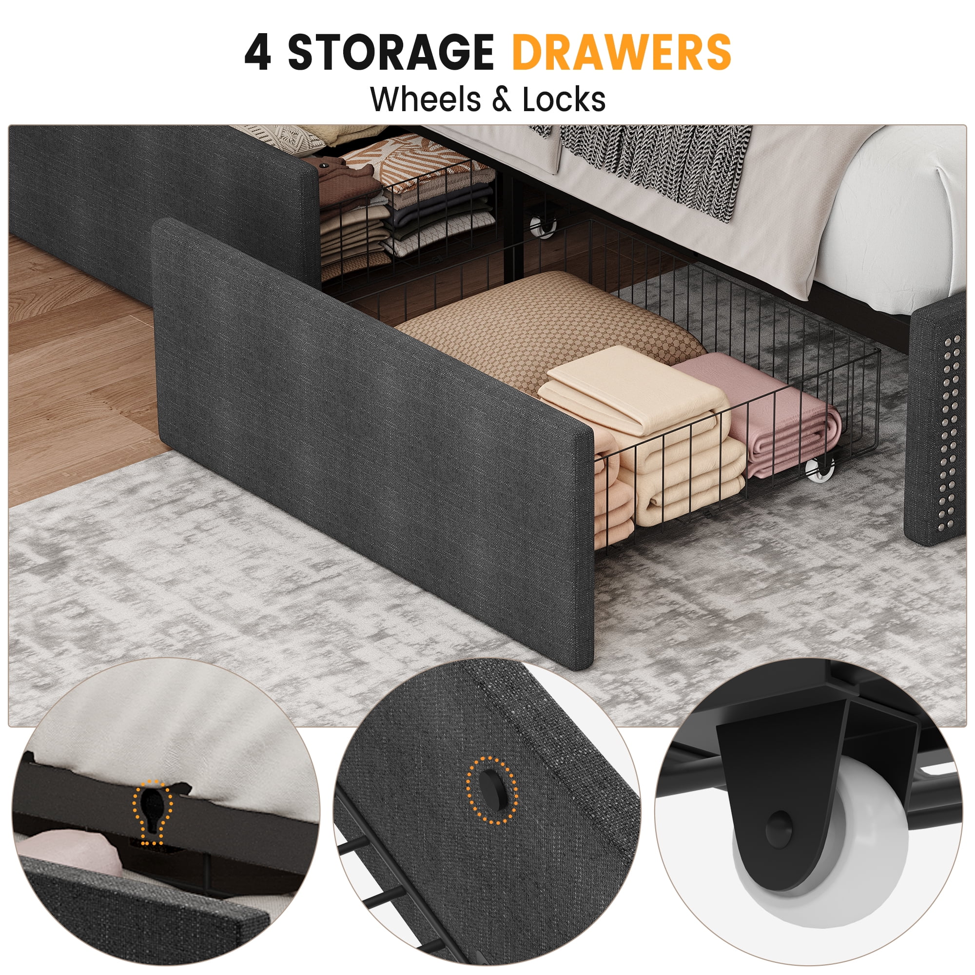 JoanKaren Full Bed Frame,Luxury Upholstered Platform Beds with Charging Station,4 Storage Drawers&Adjustable Headboard,Easy Assembly,Gray