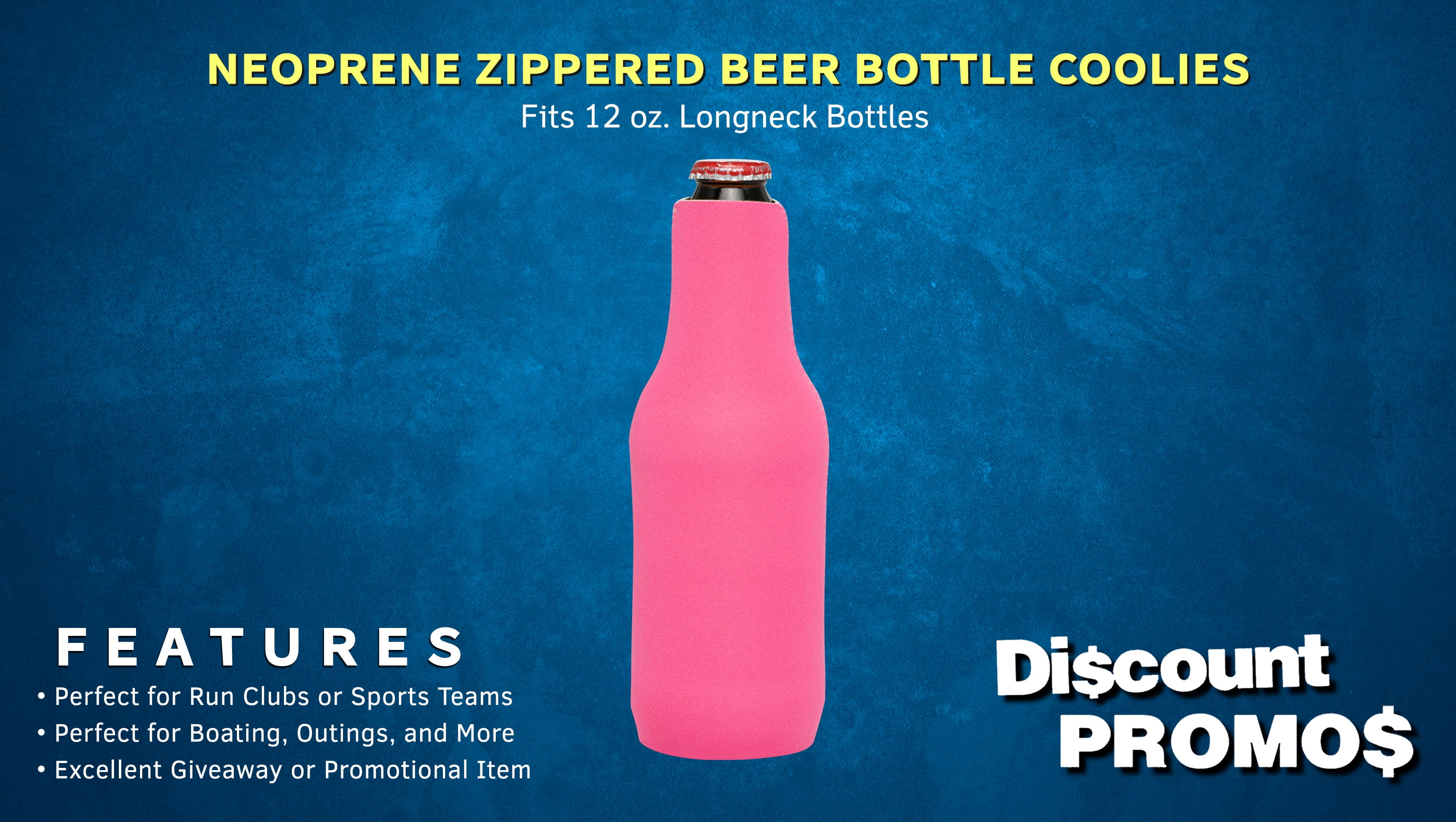 10 Neoprene Zippered Beer Bottle Coolies Pack - Sharkskin Rubber Bottom - Neon Pink