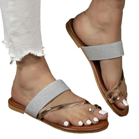 

Women s Rhinestone Slide Flat Sandals Dresssy - Casual Toe Ring Slide Sandal -Cute Slip On Flip Flop Thong Sandals - Spring Summer Shoes