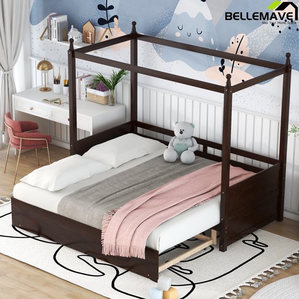 Bellemave Twin Size Canopy Daybed Frame,Extendable PullOut Platform Bed, Wooden Twin Canopy Bed