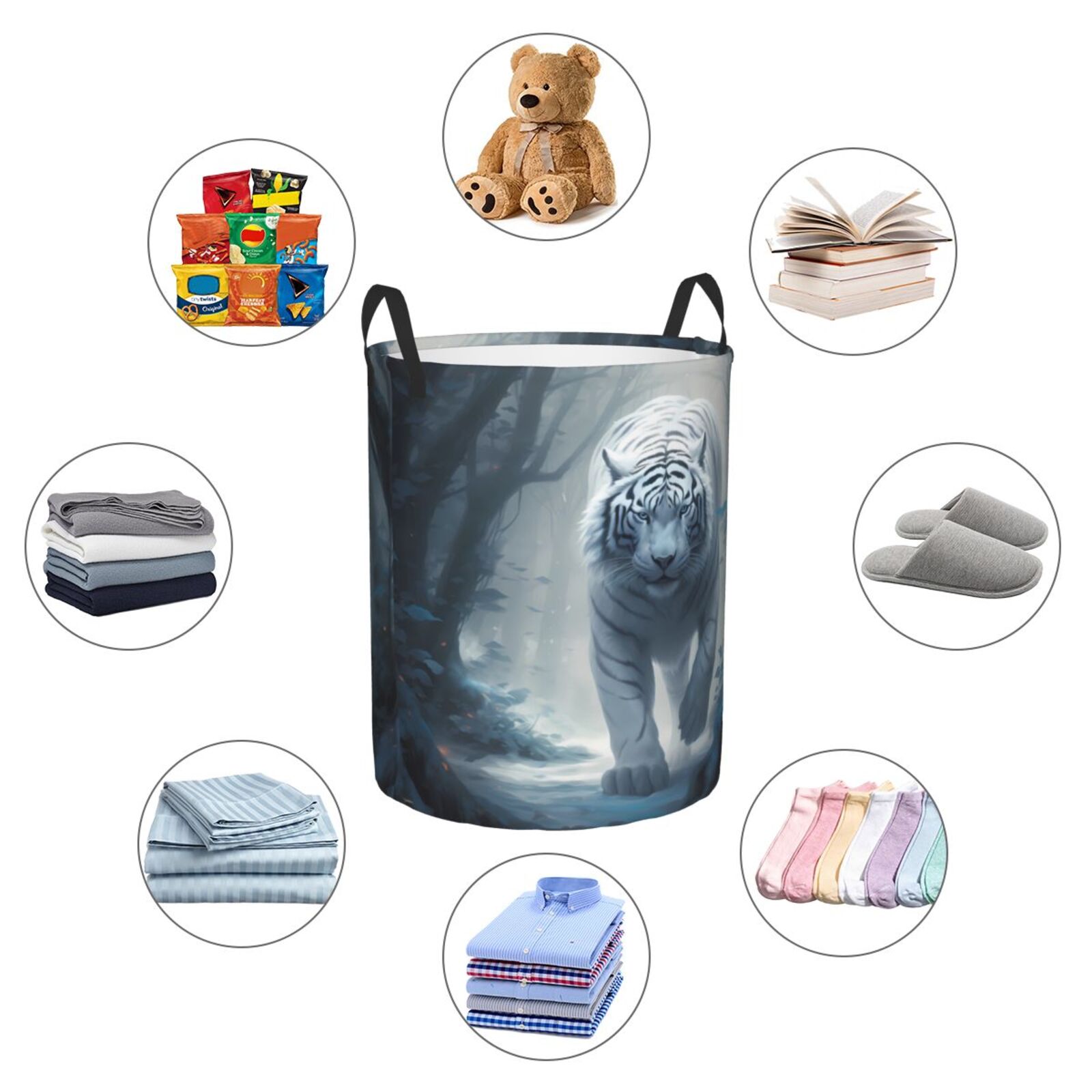 Large Laundry Basket with Handles - White Tiger in Snowy Forest Kids Baby Dirty Clothes Laundry Hamper for Bedroom Aesthetic