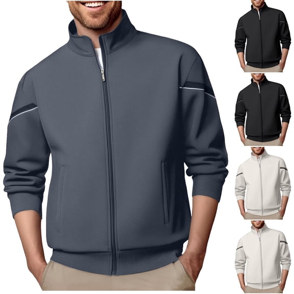 Men's Casual Solid Color Long Sleeve Stand Collar Zip Up Cardigan Sweatshirt Jacket Lightweight Fashion Loungewear Daily Outfits Gift for Him | JASKFLY,Beige L