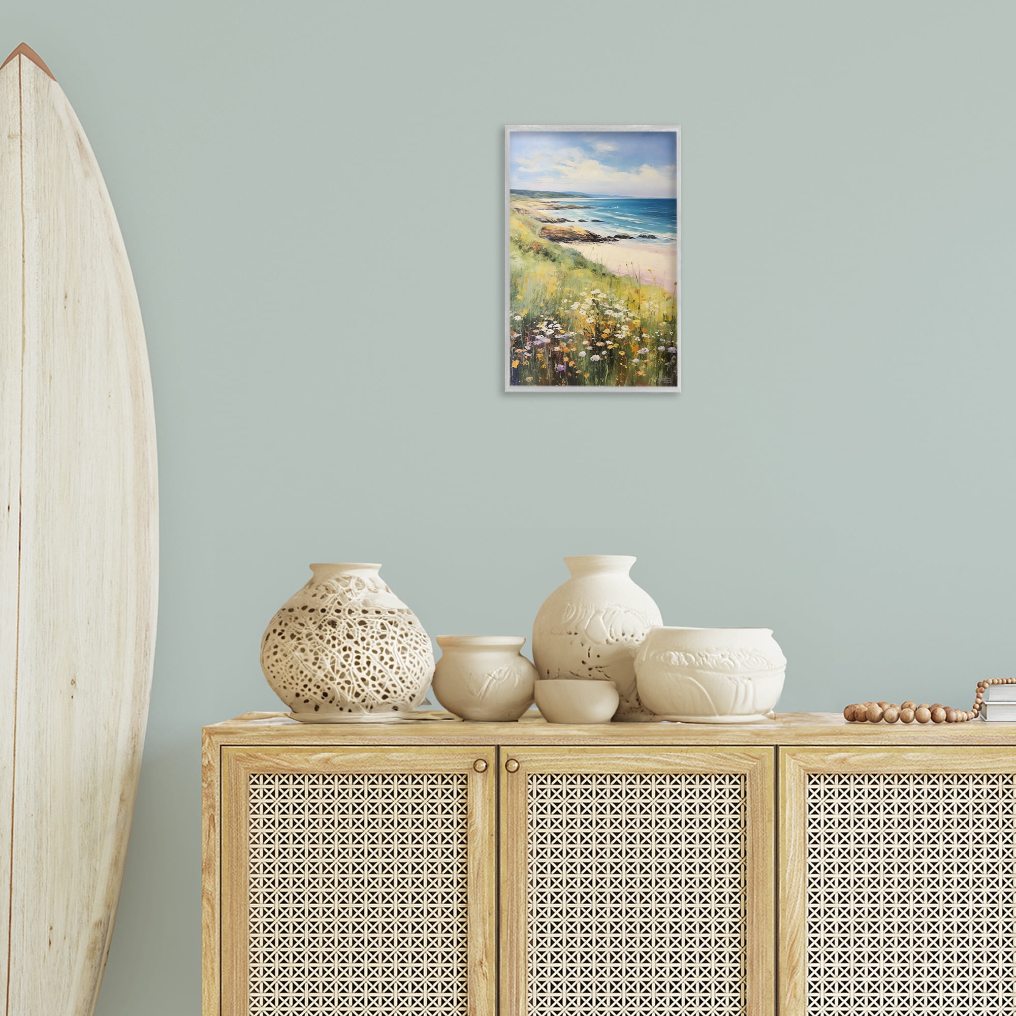 Stupell Industries Meadow Beside Beach Landscape Painting Gray Framed Art Print Wall Art, 12 x 18