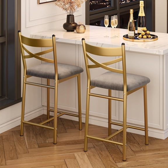 Bar Stools,Counter Height Bar Stools Set of 2/Set of 4 with X-Shaped Backrest and Metal Footrest,Upholstered Counter Bar Stools for Kitchen Island Home Bar Cafe