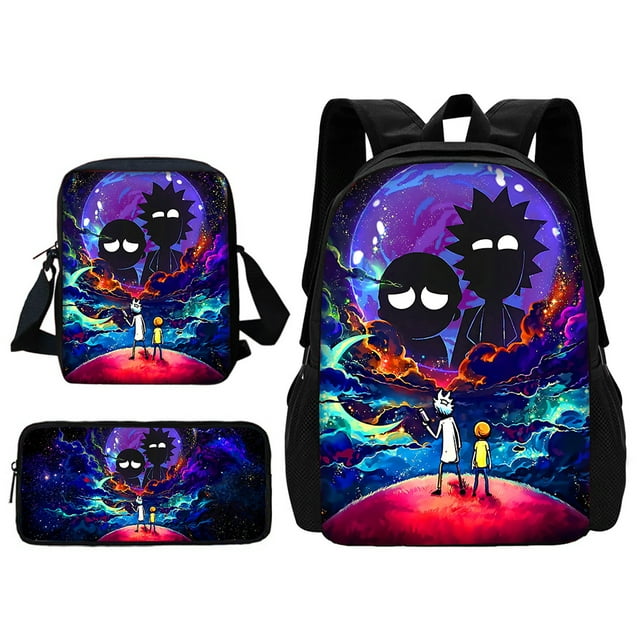 3 pcs set Funny M-mortys Cartoon R-ricks School Bag For Boy Girls with Shoulder Bags Pencil box Cartoon Backpack for Child
