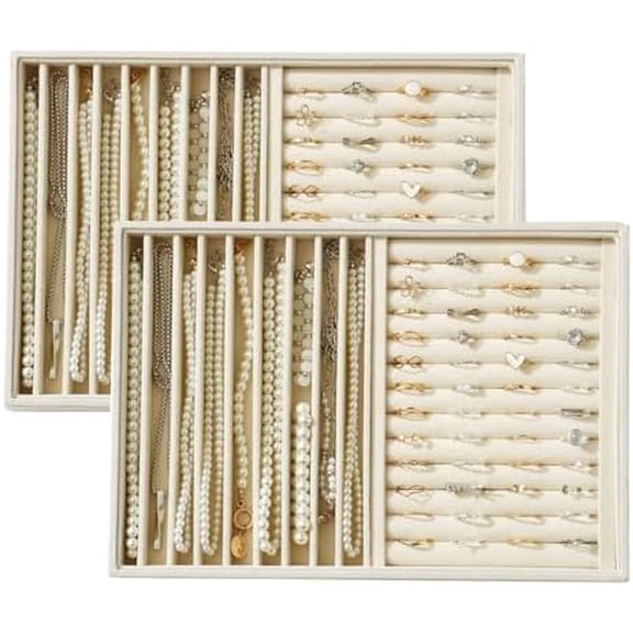 Large Velvet Jewelry Tray 2 Pack Stackable Jewelry Display Drawer Inserts Trays Organizer for Earring Bracelet Necklace Ring (Beige, Ring and 9 Grids)