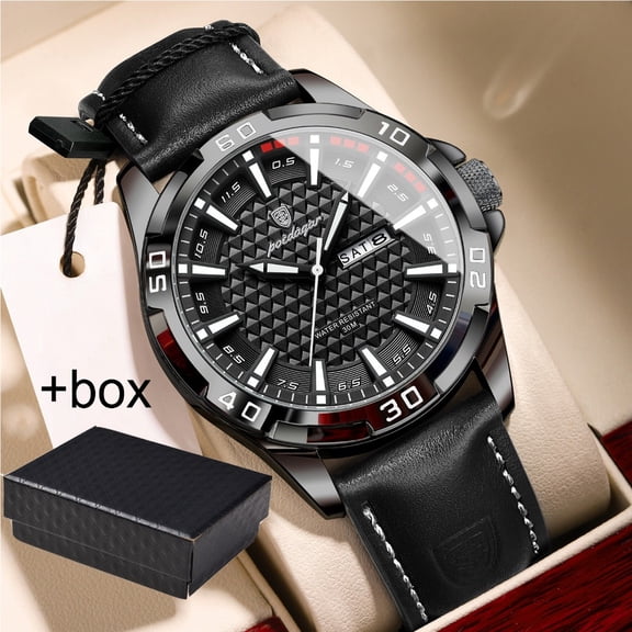 POEDAGAR Mens Sport Leather Quartz Watch Luminous Hands Date Week Display Waterproof Casual Daily Wristwatch For Men