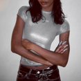 thumbnail image 2 of Chemise Décontractée Unie pour Femmes - Blouse à Manches Courtes Col Rond avec Haut Court Plissé, 2 of 6