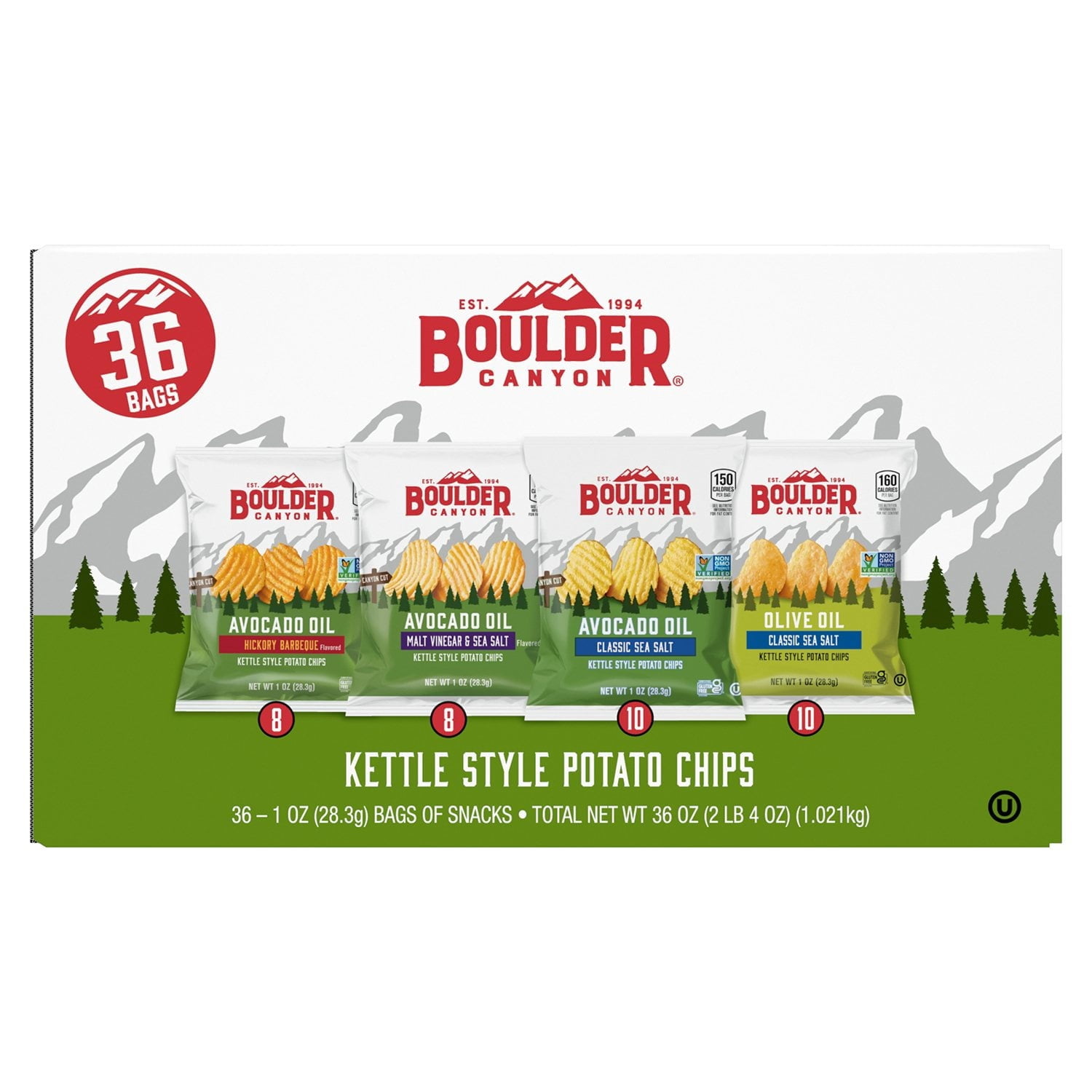 Boulder Canyon Kettle Style Potato Chips, Variety Pack, 1 Ounce (Pack of 36)