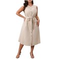 thumbnail image 2 of Ovzne Robes Grande Taille pour Femmes aux Formes Robe d'Été pour Femmes Aguichant Mode Couleur Unie Bouton Lien Sans Manches Robe à Col Rond Robe de Vacances Liquidation, 2 of 7