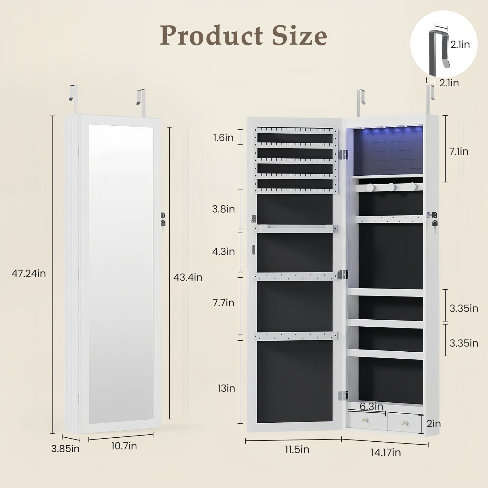 Kelno 47" Jewelry Armoire with HD Mirror LED Lights Wall/Door Mounted Jewelry Organizer Cabinet, White