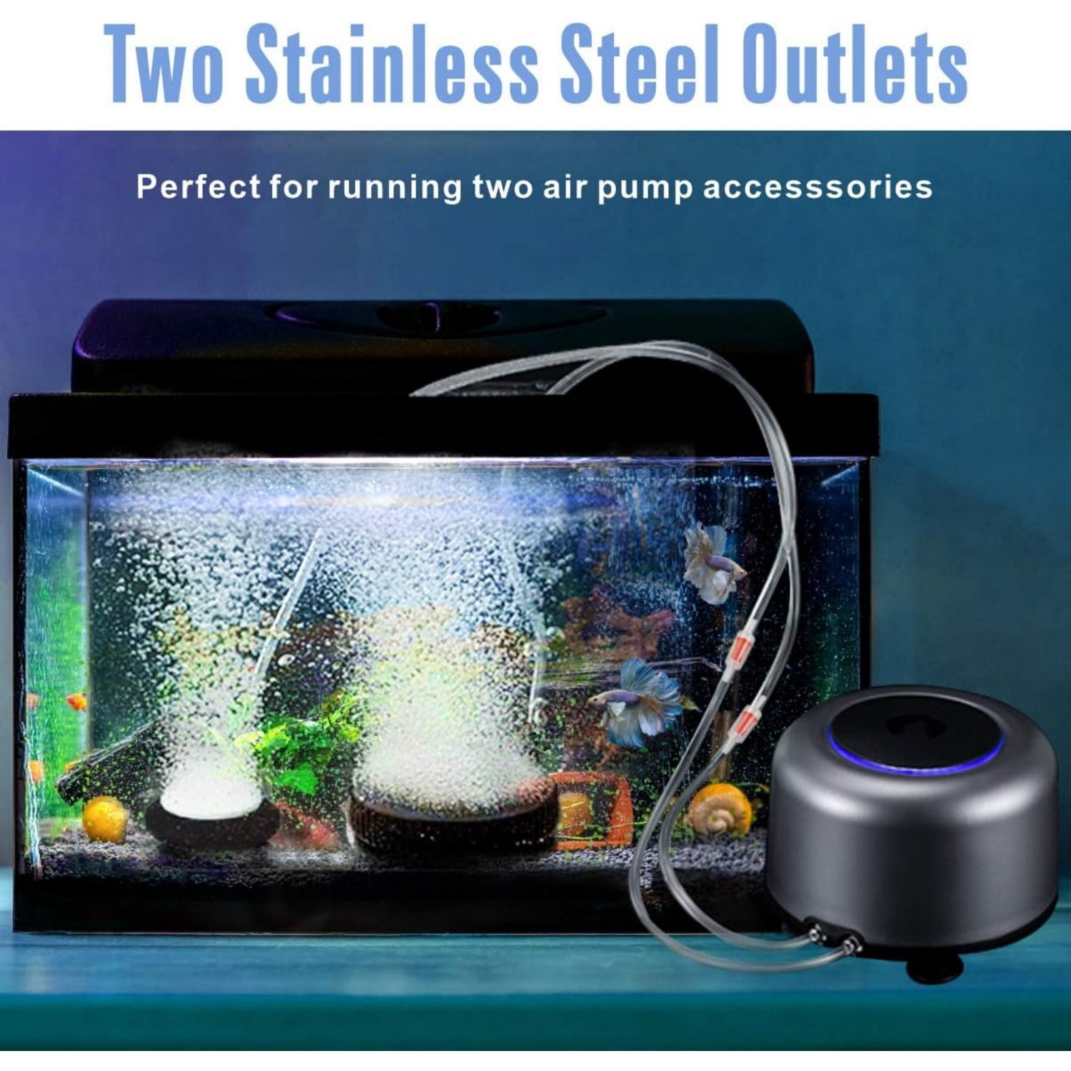 Aquarium Air Pump,5W 10W Powerful 2 Outlets,Fashion Ultra-Quiet Energy-Saving Oxygen Pump Adjustable 4 Airflow Rate Grades,Freshwater and Marine Fish Tank 5W (up to 300 Gallon)