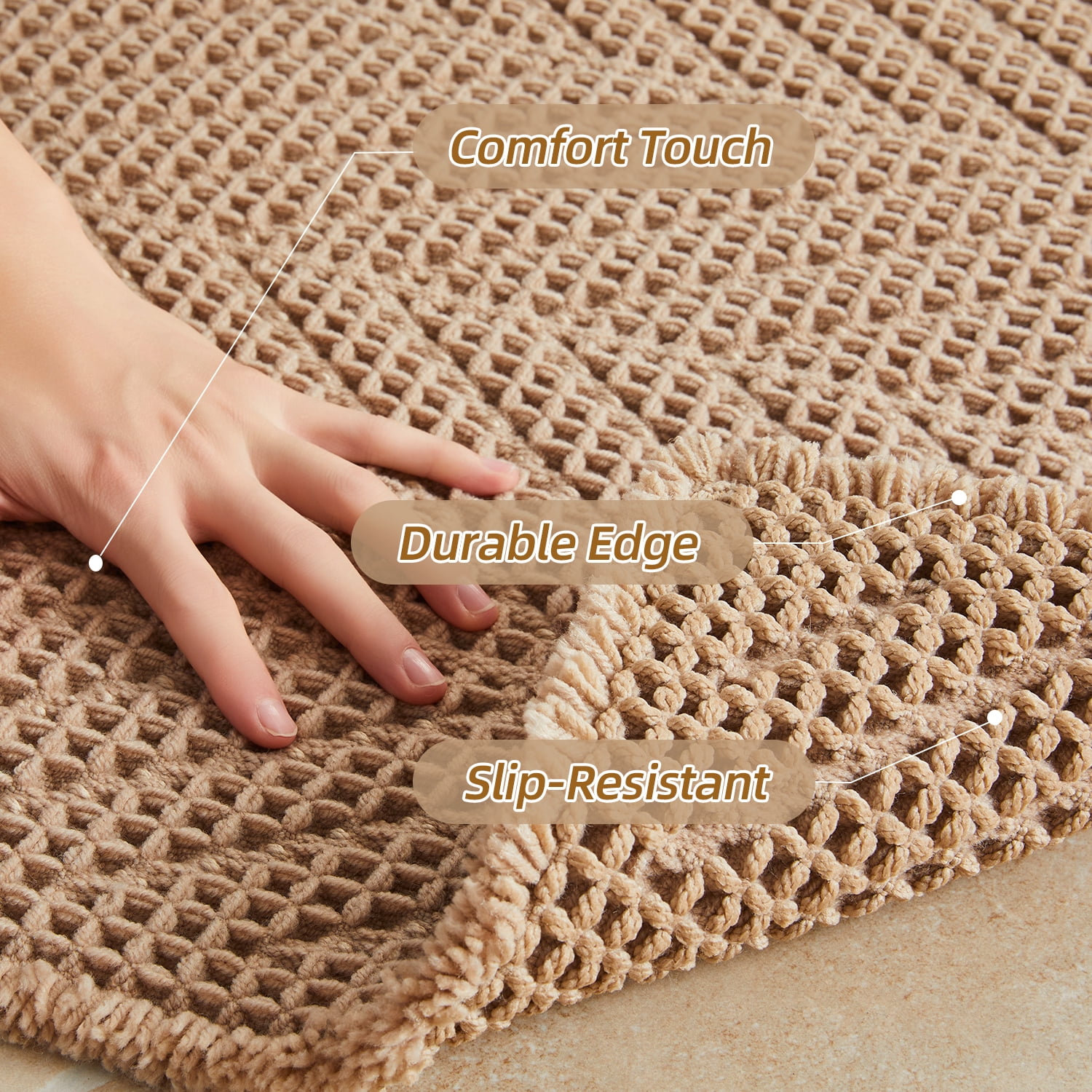 BULULOM Bathroom Rugs，Herringbone Boho Waffle Bath Mat, Non Slip Washable Super Absorbent Quick Dry, Farmhouse Bathroom Decor 20"*30" Khaki