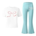 thumbnail image 6 of LRen Girls Outfits Size 10-12, Girl's 2 Piece Bow Print Outfit Short Sleeve Graphic Tees Shirt and Flare Pants Cozy Clothes Set,Mint Green,9-10 Years, 6 of 6