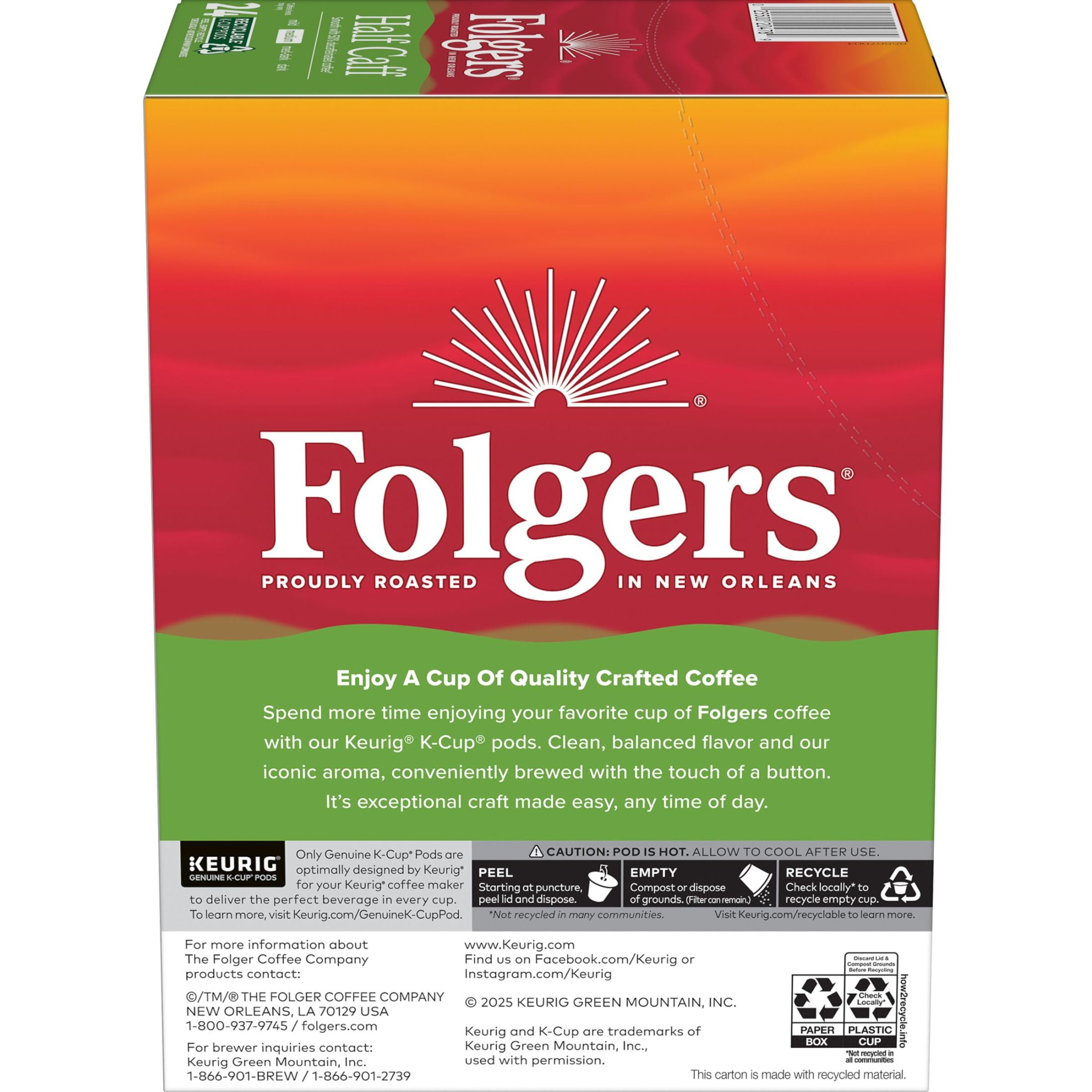 (4 pack) (4 pack) (Folgers 1/2 Caff Coffee, Medium Roast Coffee, Keurig K Cup Pods, 24 Count Box