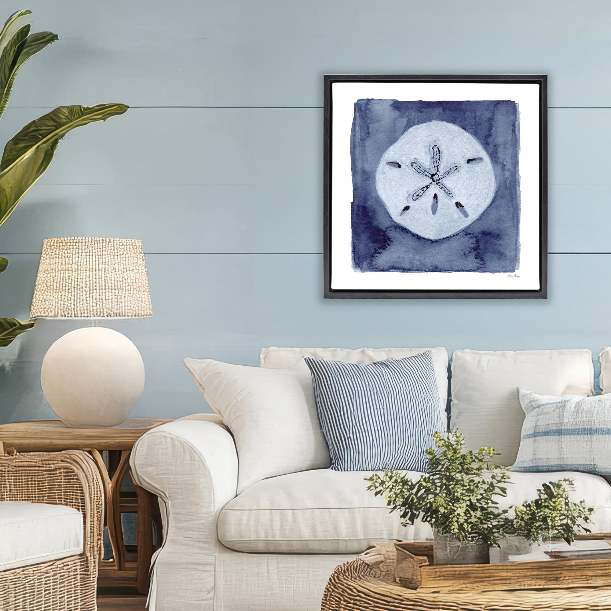 Stupell Industries White Sand Dollar on Indigo Black Framed Floater Canvas Wall Art, design by Patti Bishop