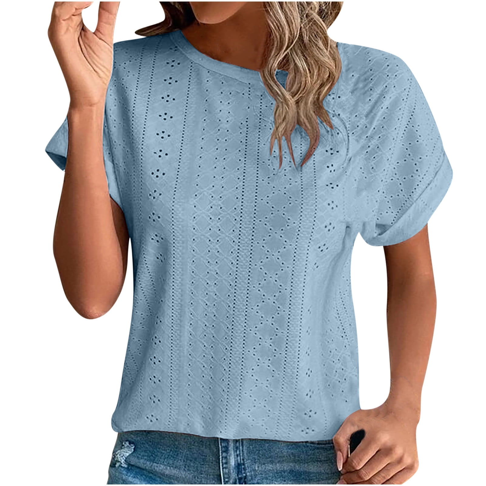 Bowake Summer Tops For Women Trendy Round Neck Short Sleeve Eyelet Shirts Casual Loose Fit Ladies Dressy Blouses Tunic Light Blue Other