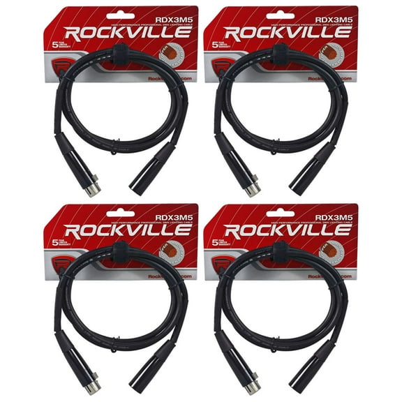 (4) Rockville RDX3M5 5 Foot 3 Pin DMX Lighting Cables 100% Copper Female to Male
