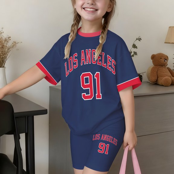 MEZZALL Girls Letter Print 2 Piece Outfit Set, Contrast Short Sleeve Tee & High Waist Shorts Matching Tracksuit, Soft Casual Summer Sport Outfit for Toddler Little Girls Breathable Clothes Sets