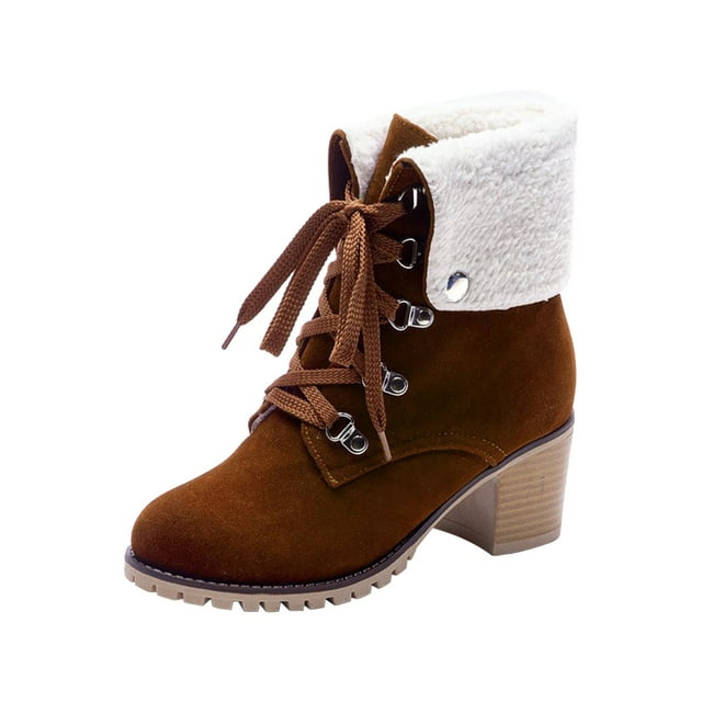 jsaierl Snow Booties Women's Solid Color Lace Up Ankle Boots Low Heel Comfy Fleece Suede Booties