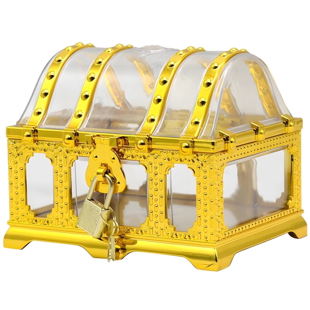 Cofre del tesoro pirata transparente con cerradura, caja de almacenamiento dorada para exhibir la colección de los más pequeños, caja de tesoro de plástico decorativa para juegos de fiesta y decoració