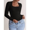thumbnail image 5 of Womens Long Sleeve Shirts Square Neck Tops Ribbed Knit Teen Girls Crop Tops Fall Fashion Clothes Black S, 5 of 8