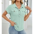 thumbnail image 6 of Abomasnow Spring Summer Tops for Women Slim Fit Button Down Lapel Ribbed Kintting Blouses Dressy Casual Short Sleeve V Neck T-Shirts, 6 of 8