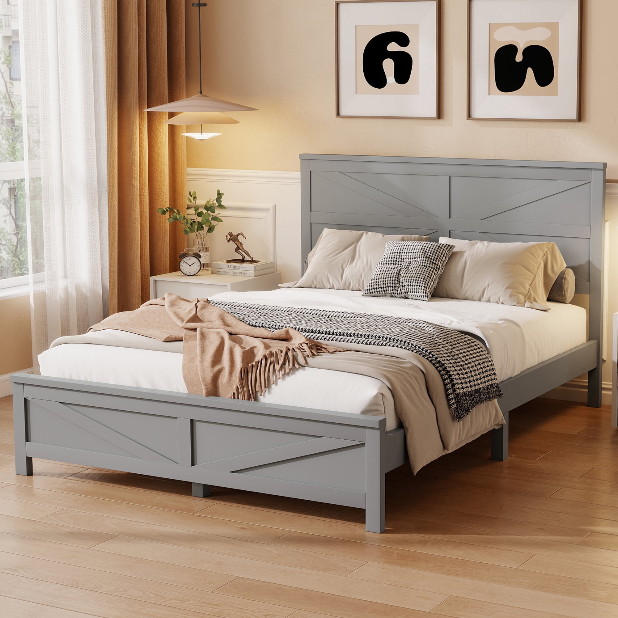 Mintazer Farmhouse Queen Size Platform Bed with Under-Bed Storage, Platform Bed Frame with Headboard & Footboard for Bedroom, Grey