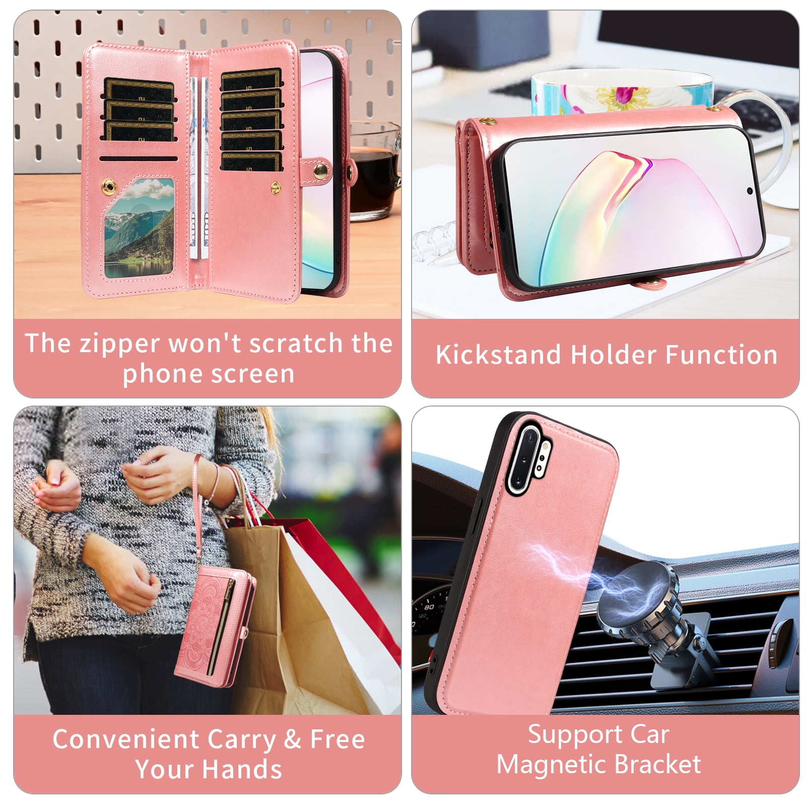 Asuwish Phone Case for Samsung Galaxy Note 10 Plus Note10+ 5G Zipper Wallet Cell Cover with Screen Protector Strap Flower Flip Card Holder Note10 + Notes 10+ Ten Not S10 10Plus Women Girls Rose Gold