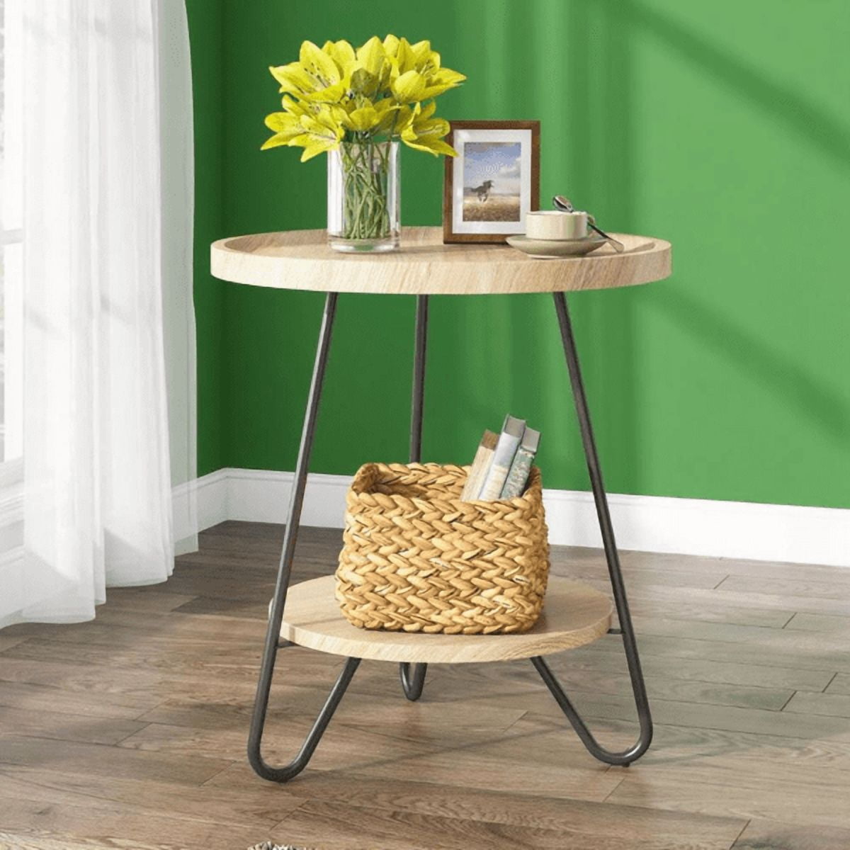 Round End Table with Lower Shelf, 20 inch Industrial Side Table for Living Room, Bedroom - Light & Dark Color Options, 70lbs Capacity