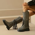 thumbnail image 3 of Winter Fall Studded Fringe Platform Wide Mid Calf Boots for Women Boho Ethnic Chunky Knee High Cowboy Cowgirl Riding Tall Boots, 3 of 7