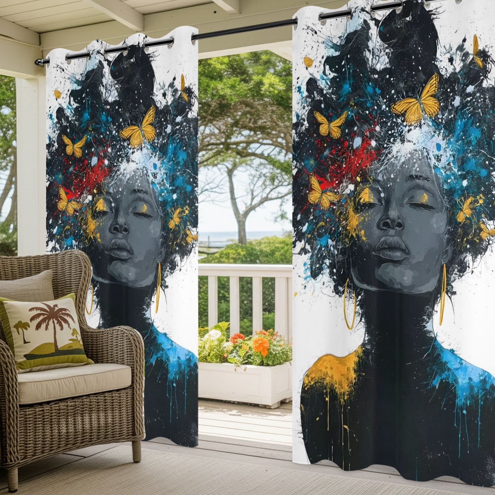 African American Outdoor Curtains for Patio, Female Portrait Butterfly Sparkles Sunshade Privacy Drapes Grommet Waterproof Outside Curtains for Porch/Cabana/Balcony 54"x 108", 1 Panel